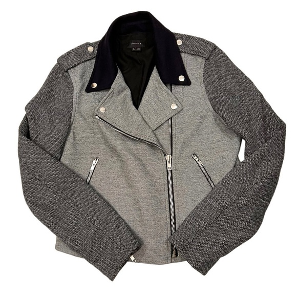 Theory Wool Combo Adashi K Moto Jacket Black & Grey Collared Full Zip Large - Picture 2 of 10